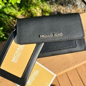 Michael Kors Black Flap Wallet With Removable Card Case MK Logo NWT